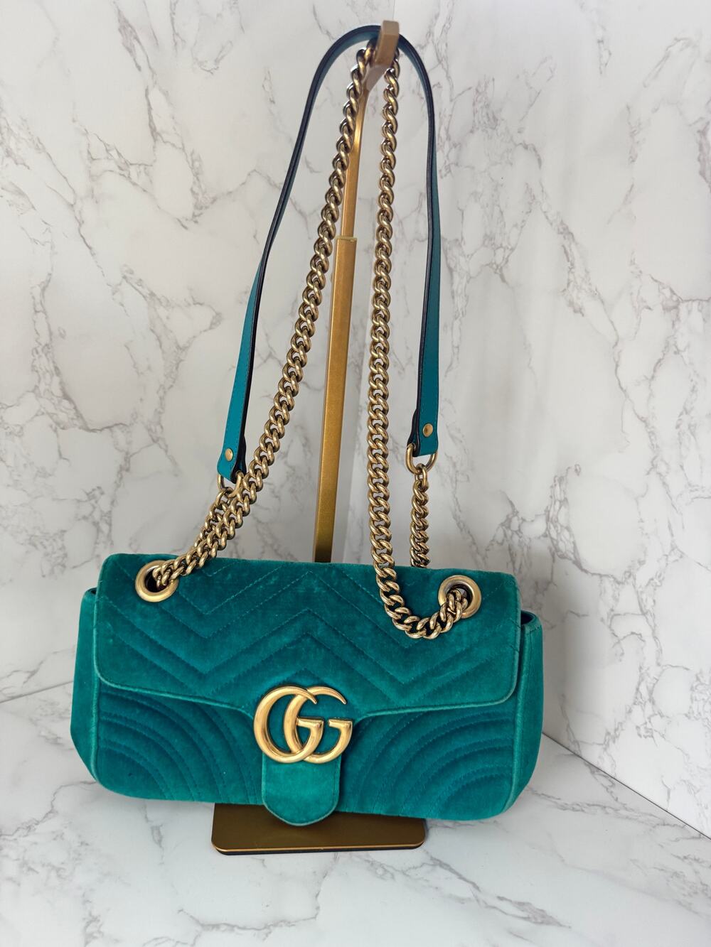 Gucci GG Marmont Velvet Shoulder Bag in a Gorgeous Green Teal Colorway